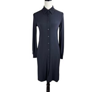 Norma Kamali Black Jersey Ponte Knit Long Sleeve Button Up Collared Shirt Dress